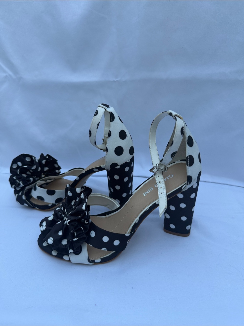 Gianni Bini Black and White Polka Dot Bow Ankle-Strap Block Heels - Picture 5 of 5
